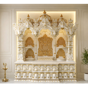 BAPS Style Teak Wood Temple With White Gold Finish Premium Solid Teak Wood <b>Mandir</b> Large Size South Indian Swaminarayan Temple UK - Product Image 1