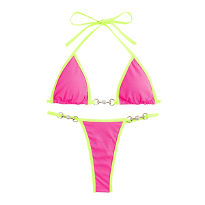 Ensemble bikini rose et vert néon avec perles, haut et bas, maillot de bain deux pièces pour femme, bordure contrastante, extensible, logo sur le devant, séchage rapide - Product Image 1