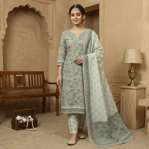 White Grey Floral Cotton Sarong Kurti <b>Pyjama</b> Set | High Quality Hand Block Print Women Resort Wear | Ethnic Casual Lounge Wear - Product Image 3