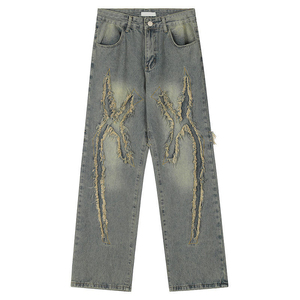 Jean baggy homme personnalisé effet vieilli, coupe droite, en denim brut de coton, avec boutons décoratifs, respirant, motif uni - Product Image 1