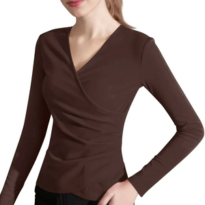 Camiseta Elegante y Moderna de Manga Larga con Cuello en V para Mujer, con Abertura Plisada, Diseño Otoñal, Teñido Liso, 100% Algodón, Personalizable, Transpirable - Product Image 3