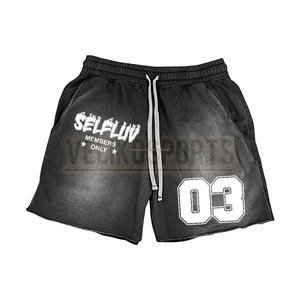Pantalones cortos informales de gimnasio lavados con ácido para hombre, pantalones cortos Cargo de cintura media antiarrugas de estilo callejero, de lona, teñidos lisos, ecológicos, personalizados - Product Image 1