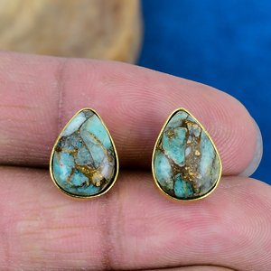 Natural <b>Green</b> Copper Amazonite Pear Shape Gemstone Stud <b>Earring</b> 18k Gold Micron Over 925 Sterling Silver - Product Image 2
