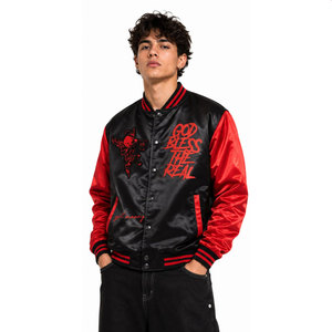 Men's <b>Black</b> <b>Red</b> <b>Varsity</b> <b>Jacket</b> Embroidered God Bless The Real Streetwear Turn-down Collar Regular Fit Autumn Satin - Product Image 4