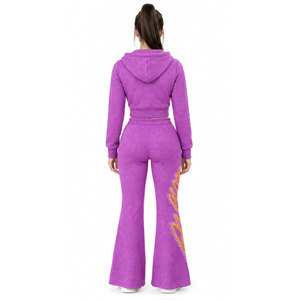 Survêtement violet à capuche pour femme, fermeture éclair intégrale avec poches latérales, motif lettres imprimé par transfert thermique, style décontracté - Product Image 4