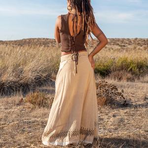 Falda Maxi de Algodón Tejida a Mano |   Falda con Estampado Tribal |   Ropa de Estilo Bohemio para Festivales |   Falda estilo gitano con dobladillo deshilachado para mujer - Product Image 1