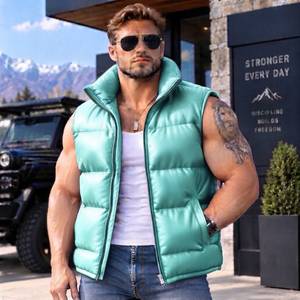 Chaleco de Cuero de Oveja para Hombre, Chaleco Acolchado de Cuero Color Coñac, Chaleco Cálido sin Mangas, Chaleco de Invierno de Lujo con Cuello Alto, Chaleco de Moda - Product Image 1