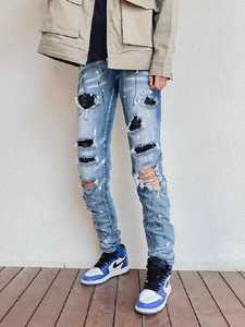 Custom Denim Casual Soft <b>Men</b> Classic Stylish 100% Cotton Lightweight <b>Jeans</b> for <b>Men</b> Mid Waist Straight-leg <b>Ripped</b> Hole Trousers - Product Image 6