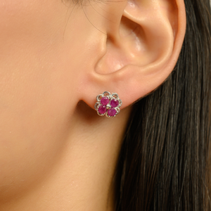 Boucles d'oreilles florales en argent sterling 925 avec pierres précieuses rubis pour femmes, bijoux fins pour un usage quotidien minimaliste - Product Image 2