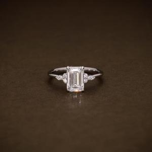 Emerald Cut Diamond <b>Ring</b> Solid White Gold Prong Setting Round Marquise Cluster Side Stone <b>Plain</b> Band Solitaire Engagement <b>Ring</b> - Product Image 1