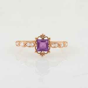 Anillo de Amatista con Corte Princesa Vintage, Certificado IGI, Plata de Ley 925, Chapado en Oro de 14K, Estilo Art Deco, Anillo de Boda con Piedra de Nacimiento - Product Image 5