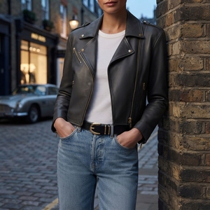 OEM Women's Genuine Suede Leather Breathable Vintage Moto Cropped Zip-Up Short Bomber Jacket - Product Image 5