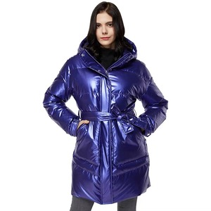 Chaqueta Larga Acolchada de Invierno para Mujer con Cinturón y Capucha Desmontable en Poliéster Azul Brillante - Product Image 1
