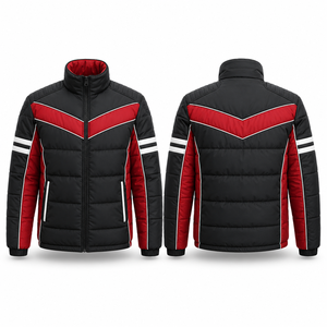 MEGAMAPLE Men's Black <b>Red</b> Color Blocking <b>Hooded</b> Varsity Puffer <b>Jacket</b> Eco-Friendly Windproof Stand Collar Zipper Closure Winter - Product Image 1