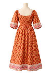 Vestido Largo Casual para Mujer con Mangas Abullonadas, Estampado Artesanal, Ribete Inferior, Cuello con Lazos y Bolsillos Laterales - Una Obra Maestra de la Moda - Product Image 2