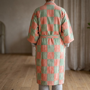 Kimono de Algodón con Rayas Tejidas a Mano de Lujo |   Bata de dormir para mujer con cuello en V y ribetes en contraste |   Bata Sostenible de Manga Larga con Bolsillos - Product Image 2