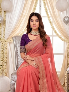Sari de Seda Coral para Mujer, Blusa Morada, Traje Tradicional Indio para Boda, Largo hasta el Suelo, Corte Regular, Elástico, Protección Solar - Product Image 2