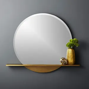 Espelho redondo para banheiro com prateleira, espelho de parede com desenho assimétrico em ferro dourado de 36" para maquiagem