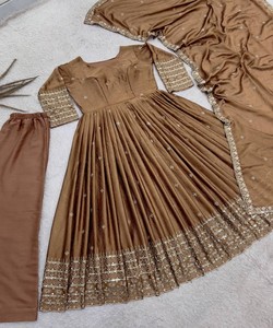 <b>Women</b> Traditional Silk Embroidered Vintage Anarkali <b>Suit</b> Quick Dry Brown Ethnic Wear India Pakistan Style <b>Wedding</b> Regular Fit - Product Image 3