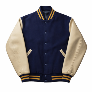 Men's Navy Beige 100% <b>Wool</b> Varsity Jacket Formal Style Turn-down Collar Button Front Regular Fit Winter Breathable Patchwork - Product Image 2
