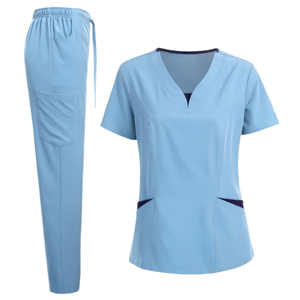 Scrub <b>Set</b> for Unisex <b>Doctor</b> Denim Scrub Tops and Pants Trendy V Neck Plus Size Solid Color Hospital Use - Product Image 4