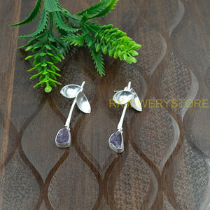 Boucles d'oreilles pendantes en améthyste brute naturelle, faites à la main, en argent sterling 925, avec pierres précieuses en cristal violet, bijoux bohèmes pour femmes, cadeau - Product Image 2