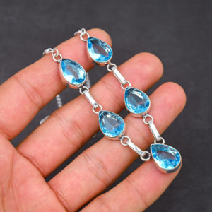 Collier artisanal en argent 925 réglable avec topaze bleue de laboratoire et perle de culture d'eau douce en forme de poire, argent sterling 10x14mm, cadeau de mariage - Product Image 3