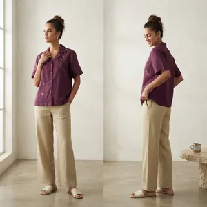 เสื้อเชิ้ตแขนสั้นปักลายสีม่วงสำหรับผู้หญิงพร้อมดีไซน์คอปกติดกระดุมด้านหน้าและกางเกงขากว้างสีเบจชุดลำลองสำหรับฤดูร้อน - Product Image 4