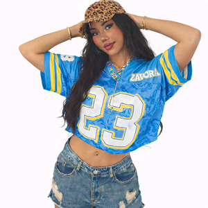 Maillot de football américain court en maille bleue de haute qualité pour femme, personnalisable, style streetwear, col en V, chemise graphique oversize, mode féminine - Product Image 2