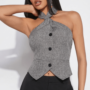 Top o chaleco halter de tweed gris, mezcla de poliéster, rayón y un toque de spandex para mayor elasticidad estructural. - Product Image 1