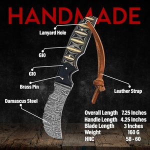 Cuchillo de caza Hawkbill de acero de Damasco de grado industrial hecho a mano por BA Enterprises, hoja de punta caída, mango de madera resistente - Product Image 5