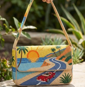 Bolso de Hombro de Diseño Personalizado con Cuentas de Semillas, Diseño Atardecer Tropical, Bolso de Moda, Cartera Casual de Viaje - Product Image 1