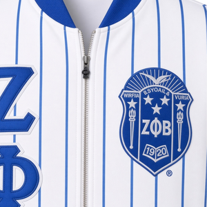 เสื้อแจ็คเก็ต Zeta Phi Beta ลายทางสีน้ำเงินขาว แบบซิปเต็มตัว แขนยาว สไตล์บอมเบอร์ สำหรับชมรมนักศึกษากรีก  ลำลอง - Product Image 5