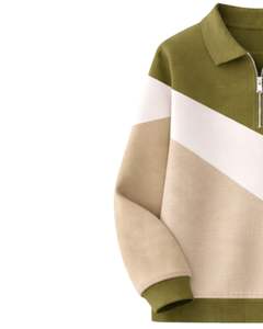 Sweat-shirt à col zippé pour femme, vert olive, beige, blanc, blocs de couleur diagonaux, en polaire, pull décontracté, chaud pour l'hiver, coupe ample - Product Image 3