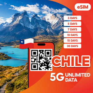 Forfait Internet illimité Chili eSIM 4G/5G pour voyages, 3/5/7/10/15/30 jours, activation par code QR, livraison instantanée par e-mail - Product Image 1
