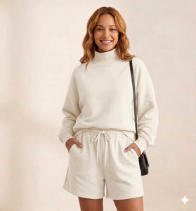 Conjunto de Pantalones Cortos Sólidos por Encima de la Rodilla con Cuello Alto para Mujer, Atuendo de Dos Piezas para Invierno, Suave, Cálido, Cómodo, Elegante, Informal, para Uso Diario - Product Image 1