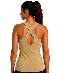 Customized <b>Khaki</b> Beige Women Racerback Gym Tank <b>Top</b> Breathable Sleeveless Fitness Yoga Workout Athletic Activewear Vest Shirt - Product Image 2