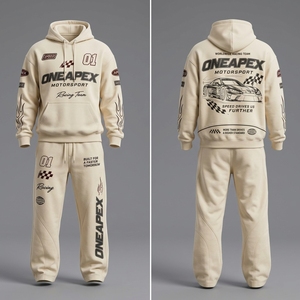 Ensemble de survêtement pour homme, sweat-shirt et pantalon de survêtement crème, style Motorsport, One Apex Racing Team, deux pièces, streetwear, tenue de jogging assortie - Product Image 2