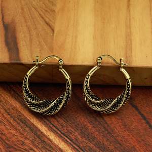 Pendientes de Aro de Latón Dorado Antiguo, Diseño Trenzado Oxidado, Joyería Étnica Tribal India, Fabricante OEM ODM - Product Image 2