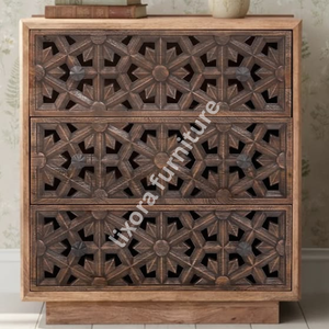 Luxury Handcrafted Solid Wood 3 Drawer Dresser Ornate Geometric Lattice Carving <b>Rustic</b> Teak Finish - Product Image 5