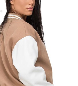 <b>Women</b> PU <b>Leather</b> Varsity <b>Jacket</b> Cropped Letterman <b>Bomber</b> With Stripe Trim Snap Front Soft Lining Casual Fashion Outerwear - Product Image 5