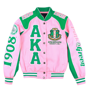 เสื้อแจ็คเก็ต AKA Racing Twill สีชมพูเขียว แบบ Varsity ติดกระดุม สำหรับผู้หญิง แฟชั่นสตรีทแวร์ สไตล์เก๋ไก๋ ทันสมัย - Product Image 2