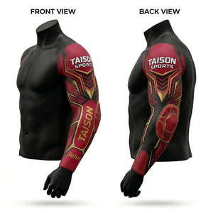 Mens American Football <b>Arm</b> <b>Sleeve</b> 220 GSM Polyester Spandex <b>Compression</b> Fabric Red Black Panel Design Sublimation Custom Logo - Product Image 1