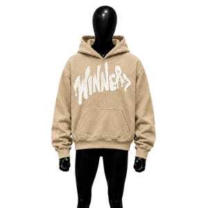 Sweat-shirt à capuche beige avec lettrage graffiti blanc audacieux, texturé, coupe oversize, style streetwear minimaliste urbain décontracté - Product Image 1