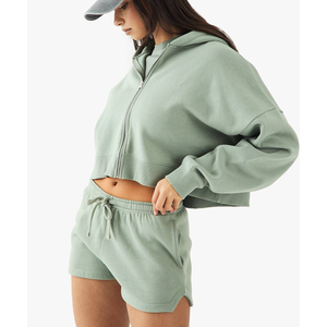 Women's Cropped Zip Hoodie & Shorts <b>Set</b> Premium Cotton Casual Lounge Wear Custom Logo 2 Piece Outfit - Product Image 1