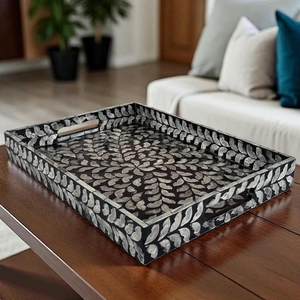 Handmade <b>Rectangle</b> Black Mother of Pearl Inlay Serving Tray - Leaf Pattern Server - Decorative Centerpiece for <b>Coffee</b> <b>Table</b> - Product Image 2