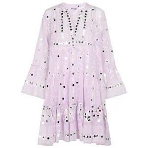 Beach Vacations Lilac Women Dress Exclusive Boho Chic Summer Nomad Print Mirror Embroidered Intricate Look Sundress Ladies Tunic