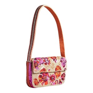 Handmade Floral Beaded Shoulder <b>Bag</b> Pink <b>Orange</b> Flower Bead <b>Clutch</b> Purse Gold Women Handbag Party Wear <b>Bag</b> - Product Image 1