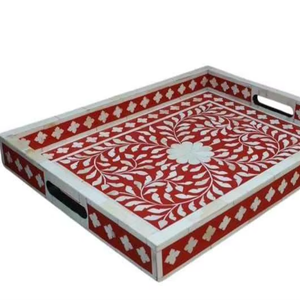 Red Bone Inlay Tray – Floral Serving Tray, Handmade Decorative Catchall, Luxury Home Decor - Product Image 1