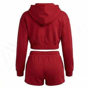 Conjunto Deportivo Casual de 2 Piezas para Mujer, Sudadera con Capucha y Cremallera Roja, Pantalones Cortos, Felpa, Color Sólido, Manga Larga - Product Image 2